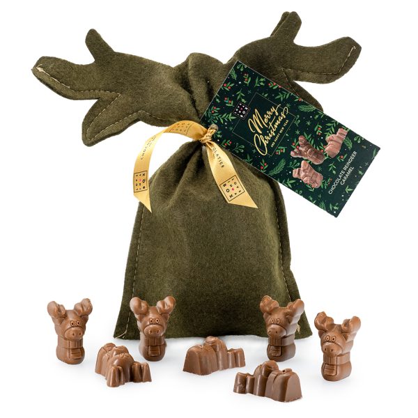 Kerstchocolade Luxe Chocolade Caramel Rendieren in Rendier Gift Bag - 100g