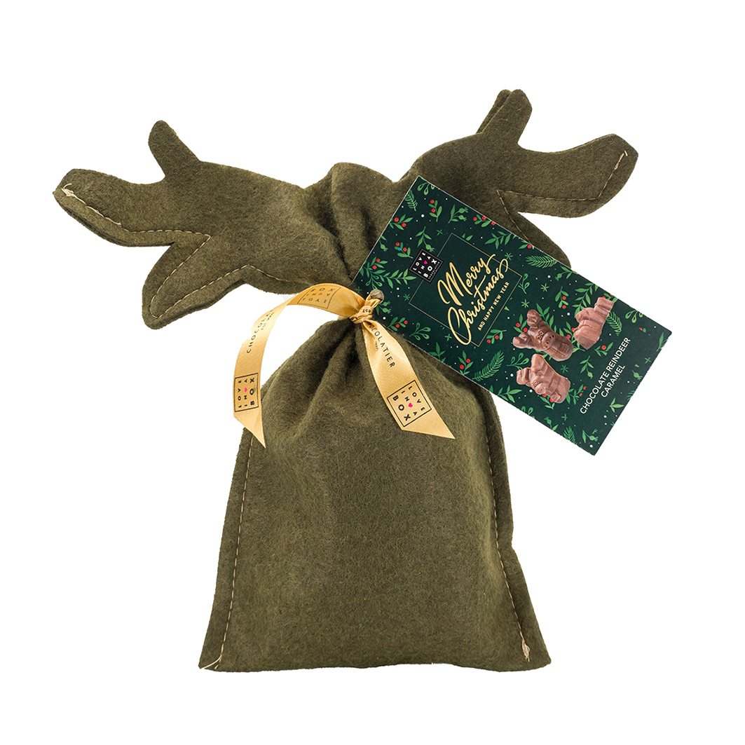 Kerstchocolade Luxe Chocolade Caramel Rendieren in Rendier Gift Bag - 100g