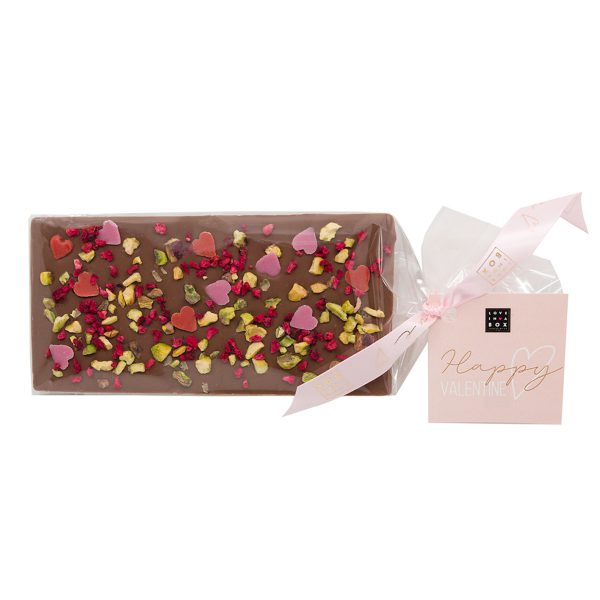 Valentijn Chocolade Luxe Chocolade Reep Hartjes, Pistache & Framboos Melk - 100g