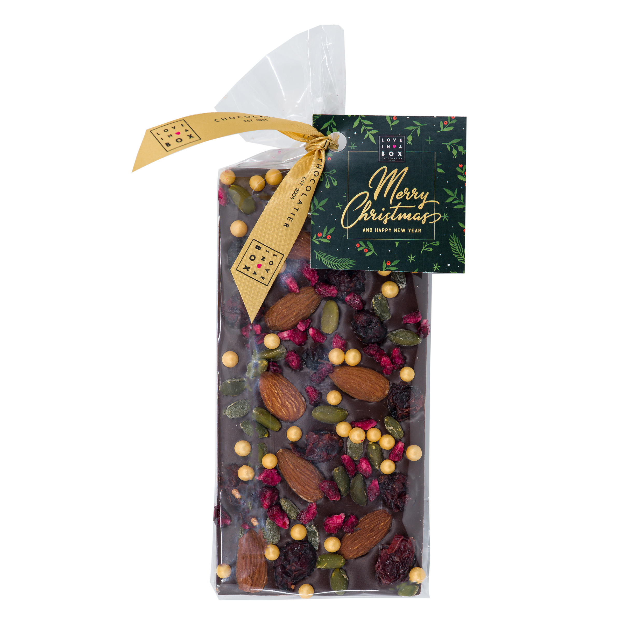 Kerstchocolade Luxe Chocoladereep Amandel Pistache Cranberry Puur - 100g